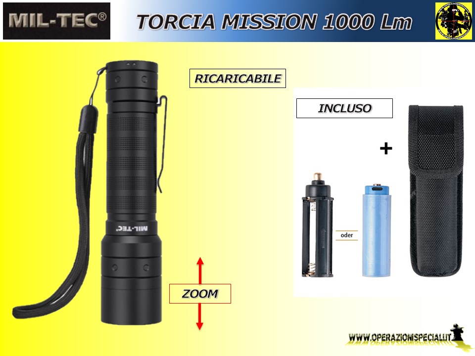 Operazioni Speciali - Torcia Led 1000 Lm in Alluminio Ricaricabile con  Zoom, Mission Miltec